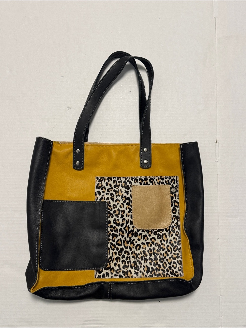Stylish Leopard Patchwork Leather Tote Bag in Mustard and Black